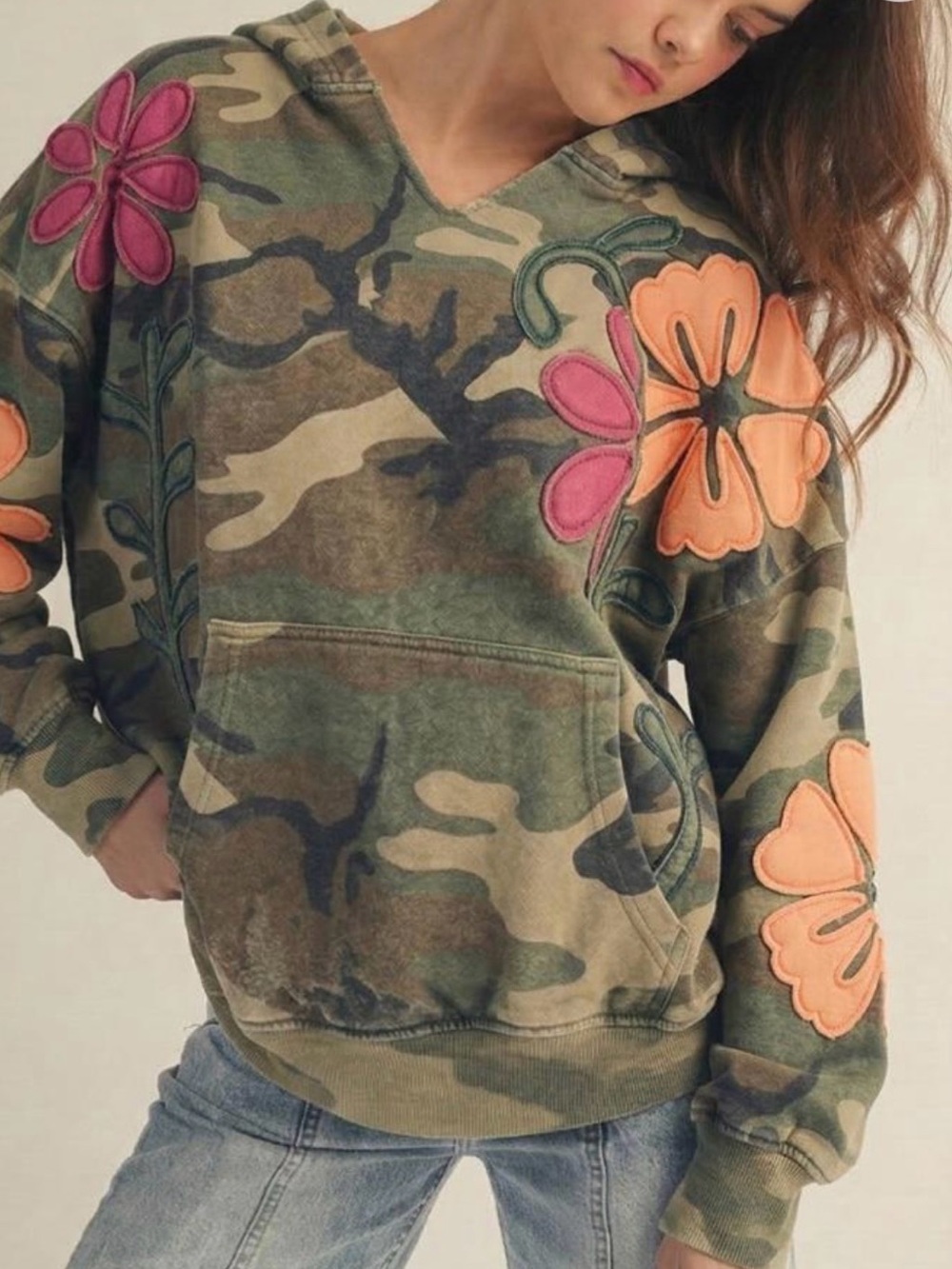 Lovlov Camo Hoodie Sweater with Pink & Orange Floral Appliqué